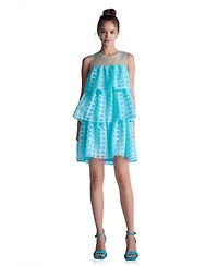 English Factory Women's Organza Gridded Tiered Sleeveless Mini Dress