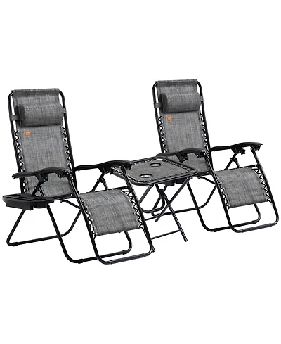 Outsunny 3-Piece Outdoor Chaise Lounger Chair Set, Folding Reclining Zero Gravity Chair with Side Table, Cup Holder and Headrest for Patio, Yard
