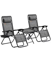 Outsunny 3-Piece Outdoor Chaise Lounger Chair Set, Folding Reclining Zero Gravity Chair with Side Table, Cup Holder and Headrest for Patio, Yard