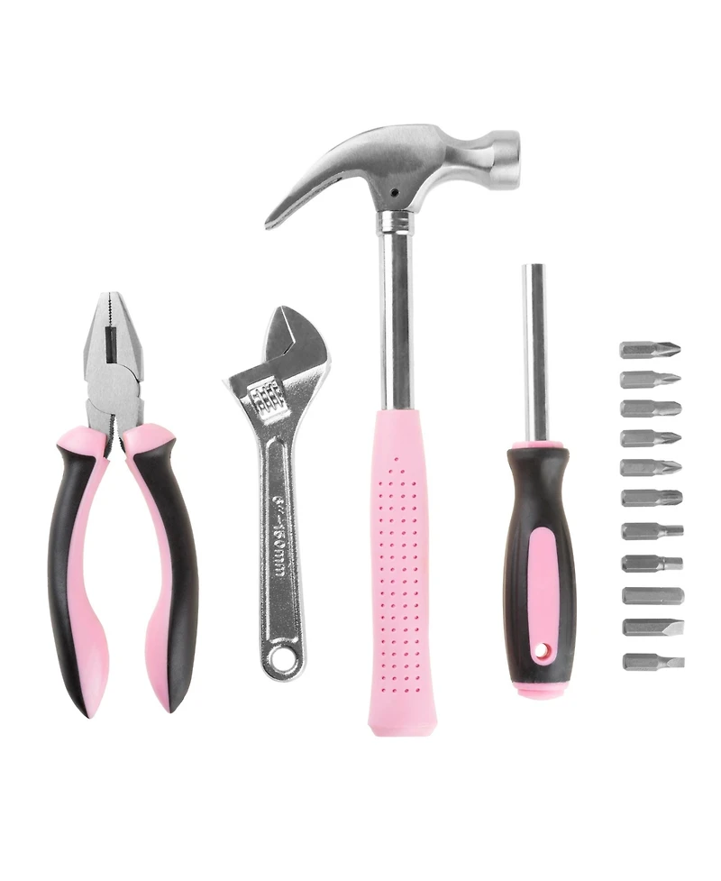 15-Piece Household Hand Tool Set with Carry Case a" Tool Kit with Screwdrivers, Pliers, and Wrenches a" Great for Home or Car by Stalwart (Pink)