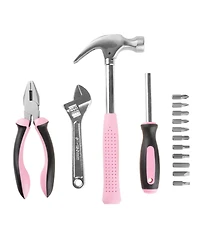 15-Piece Household Hand Tool Set with Carry Case a" Tool Kit with Screwdrivers, Pliers, and Wrenches a" Great for Home or Car by Stalwart (Pink)