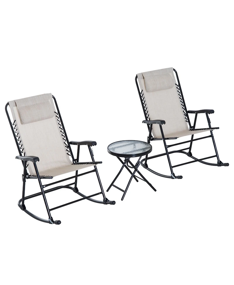 Outsunny 3 Piece Outdoor Rocking Bistro Set, Patio Folding Chair Table Set with Glass Coffee Table for Yard, Patio, Deck, Backyard, Cream White