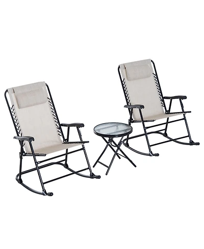 Outsunny 3 Piece Outdoor Rocking Bistro Set, Patio Folding Chair Table Set with Glass Coffee Table for Yard, Patio, Deck, Backyard, Cream White