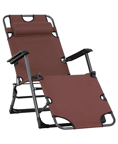 Outsunny 2-in-1 Folding Patio Lounge Chair w/ Pillow, Outdoor Portable Sun Lounger Reclining to 120°/180°, Oxford Fabric, Brown