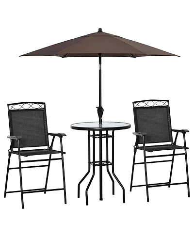 Outsunny 4 Piece Outdoor Patio Dining Furniture Set, 2 Folding Chairs, Adjustable Angle Umbrella, Wave Textured Tempered Glass Dinner Table