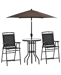 Outsunny 4 Piece Outdoor Patio Dining Furniture Set, 2 Folding Chairs, Adjustable Angle Umbrella, Wave Textured Tempered Glass Dinner Table