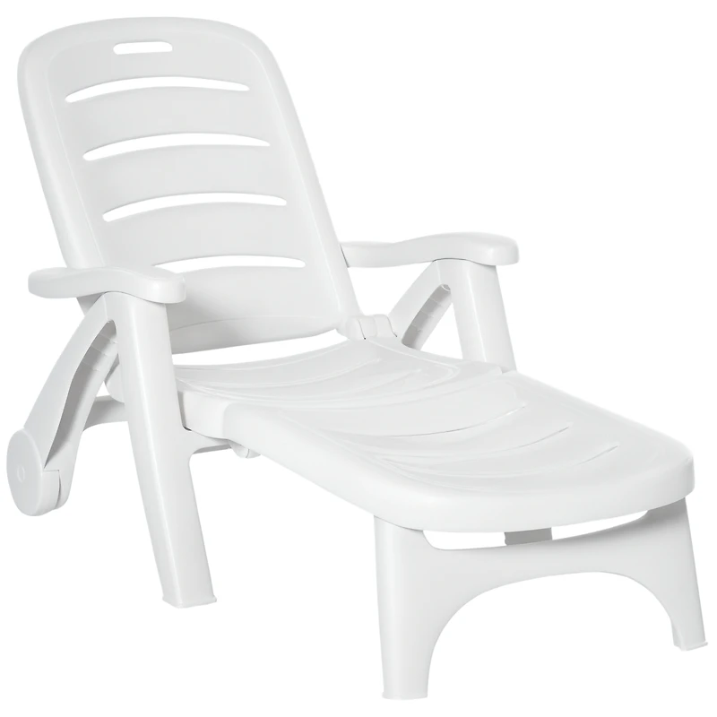 Outsunny Folding Chaise Lounge Chair on Wheels, Lightweight Plastic Patio Sun Recliner with 5 Position Backrest for Beach & Pool, White