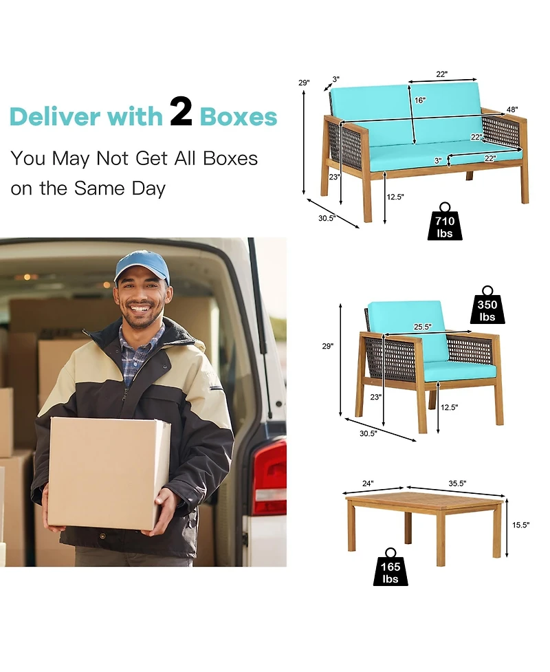 Costway 4PCS Patio Rattan Furniture Set Acacia Wood Cushioned Sofa