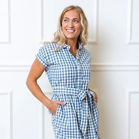 Hope & Henry Women's Short Sleeve Button Front Tiered Midi Dress with Waist Sash