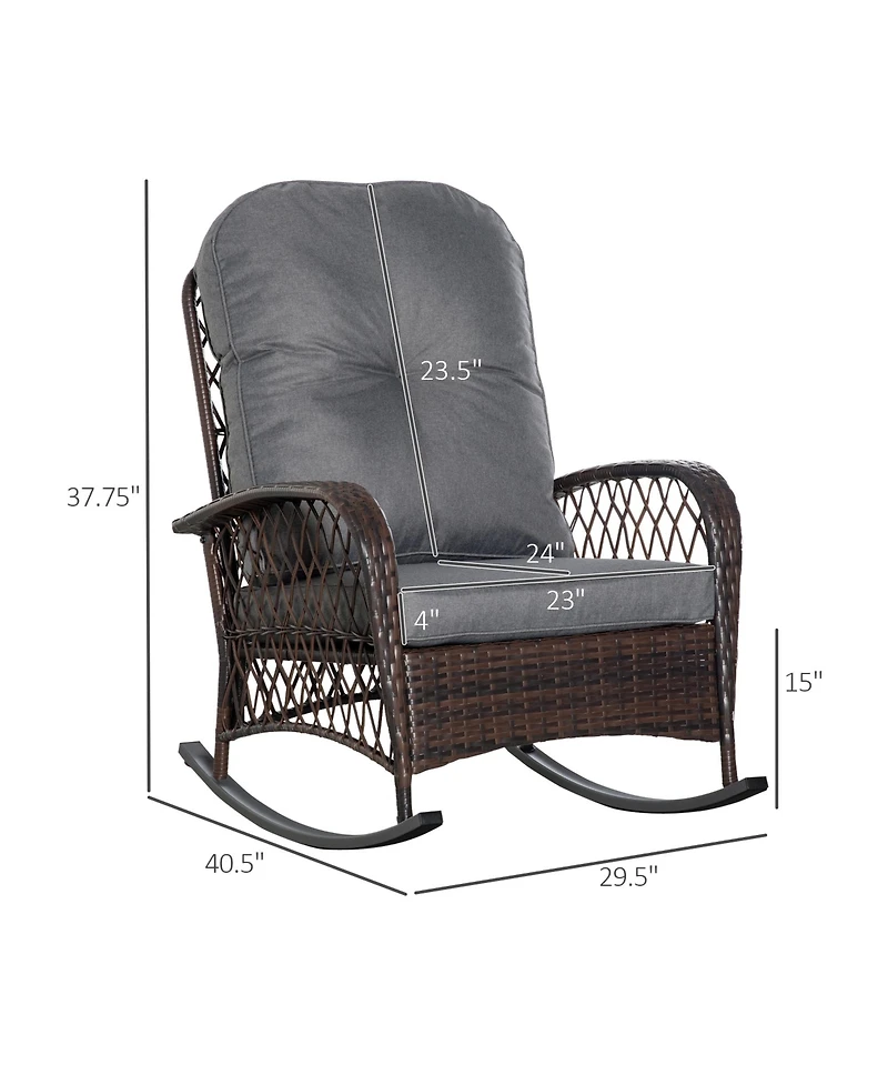 Outsunny Outdoor Wicker Rocking Chair Wide Cushion, Steel Frame,