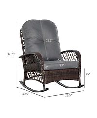 Outsunny Outdoor Wicker Rocking Chair Wide Cushion, Steel Frame,