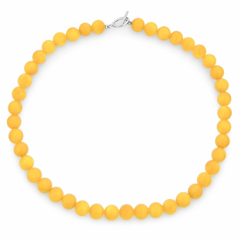 Bling Jewelry Plain Simple Smooth Classic Yellow Orange Created Synthetic Jade Round 10MM Bead Strand Necklace Silver Plated Toggle Clasp