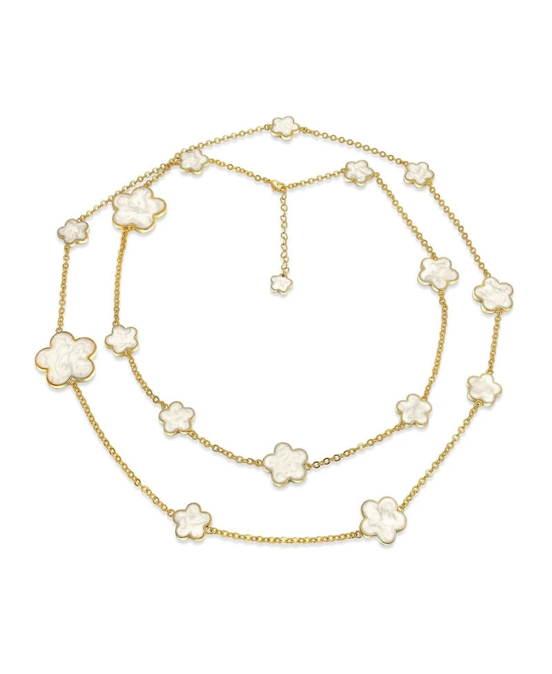 Bling Jewelry Fashion Off White Black Pink Enamel Large Small Flower Long Silver Tone Gold Plated Rose Station Chain Wrap Layer Clover Nec