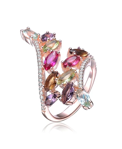 Sterling Silver with Rose Gold Plated Shades of Red Color Marquise Cubic Zirconias Classic Swirl Type Ring