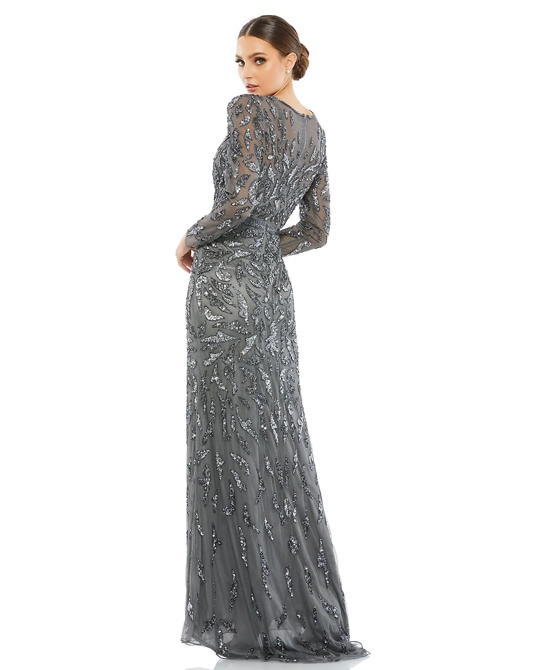 Mac Duggal Women's Beaded Long Sleeve Evening Gown