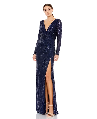 Mac Duggal Women's Floor-Length Sequin Gown Featuring Long Sleeves and Sheer Accents