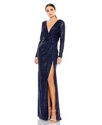 Mac Duggal Women's Floor-Length Sequin Gown Featuring Long Sleeves and Sheer Accents