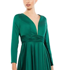 Mac Duggal Women's Ieena Long Sleeve Ruched Waist A-Line Gown