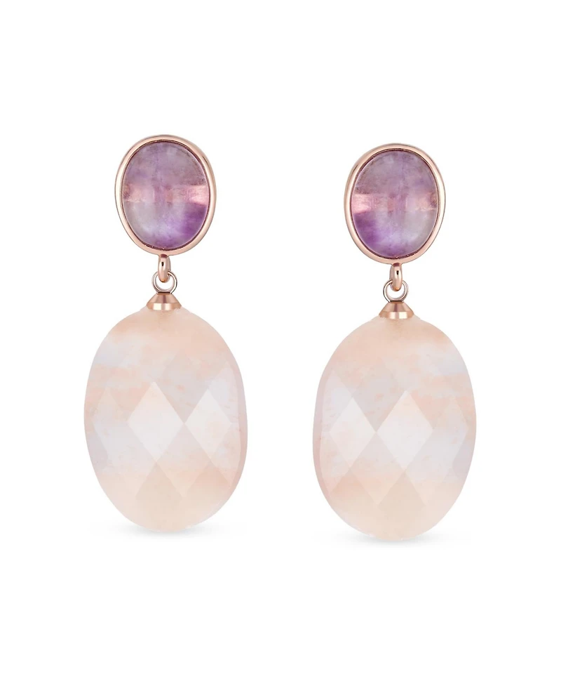 Bling Jewelry Elegant Purple Amethyst Oval Accent Briolette Peach Pink Natural Rose Quartz Faceted Oval Drop Earrings For Women Rose Gold Plated