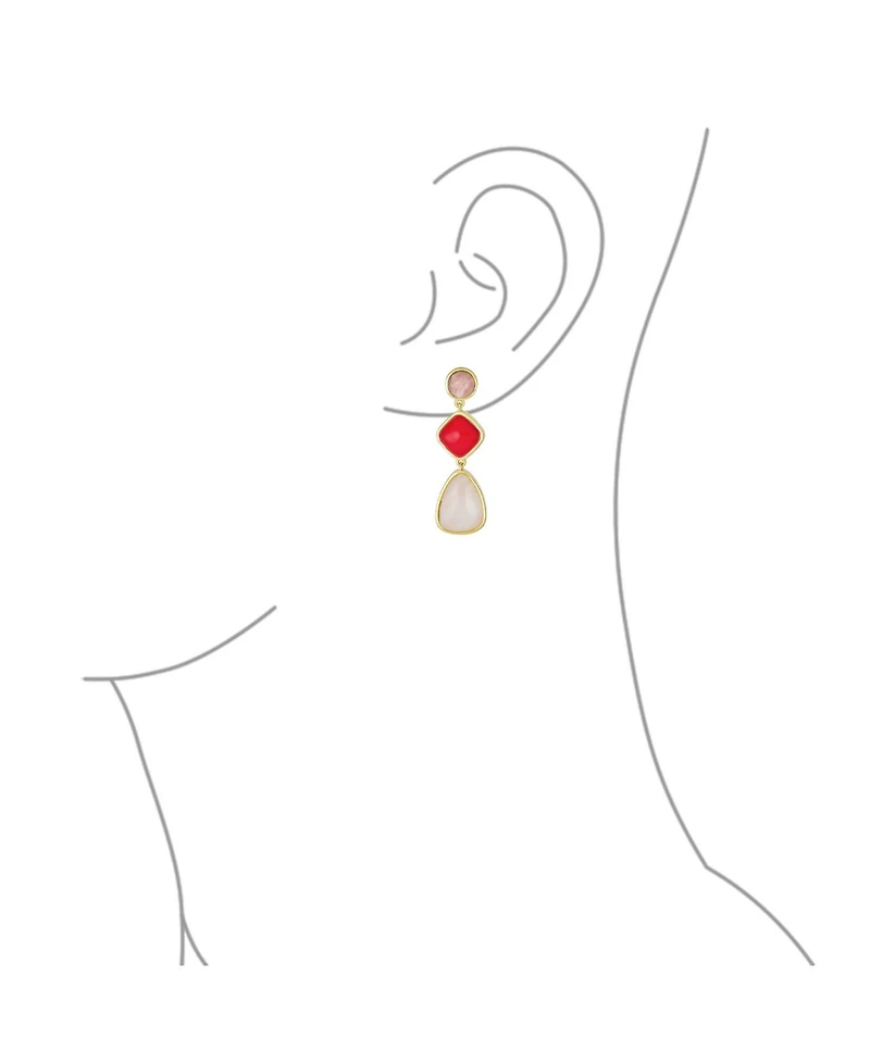 Bling Jewelry Unique Long Round Square Teardrop Shape 3 Multi-Tier Summer Party Red Peach Pink Synthetic Quartz Dangling Earrings Gold Plated