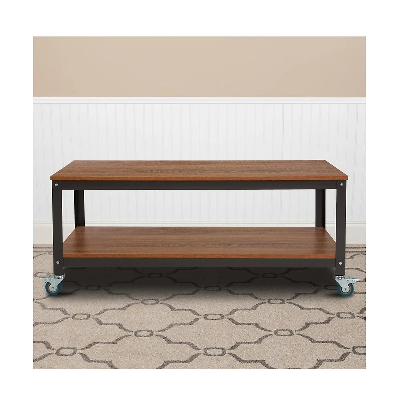Emma+Oliver Tv Stand In Wood Grain Finish With Metal Wheels