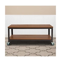 Emma+Oliver Tv Stand In Wood Grain Finish With Metal Wheels