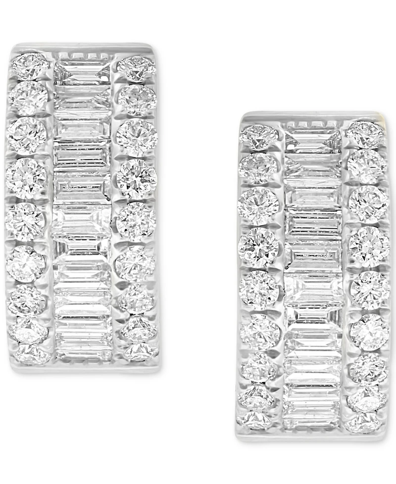 Effy Diamond Baguette & Round Small Huggie Hoop Earrings (1-1/5 ct. t.w.) in 14k White Gold, 0.625"