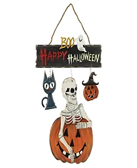14.5" Skeleton with Jack-o'-Lanterns and Cat "Happy Halloween" Hanging Decoration