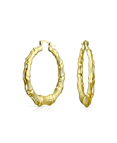 Bling Jewelry Light Weight Hollow Big Bamboo Hoop Earrings Gold Plated Brass Diameter 2 Inch