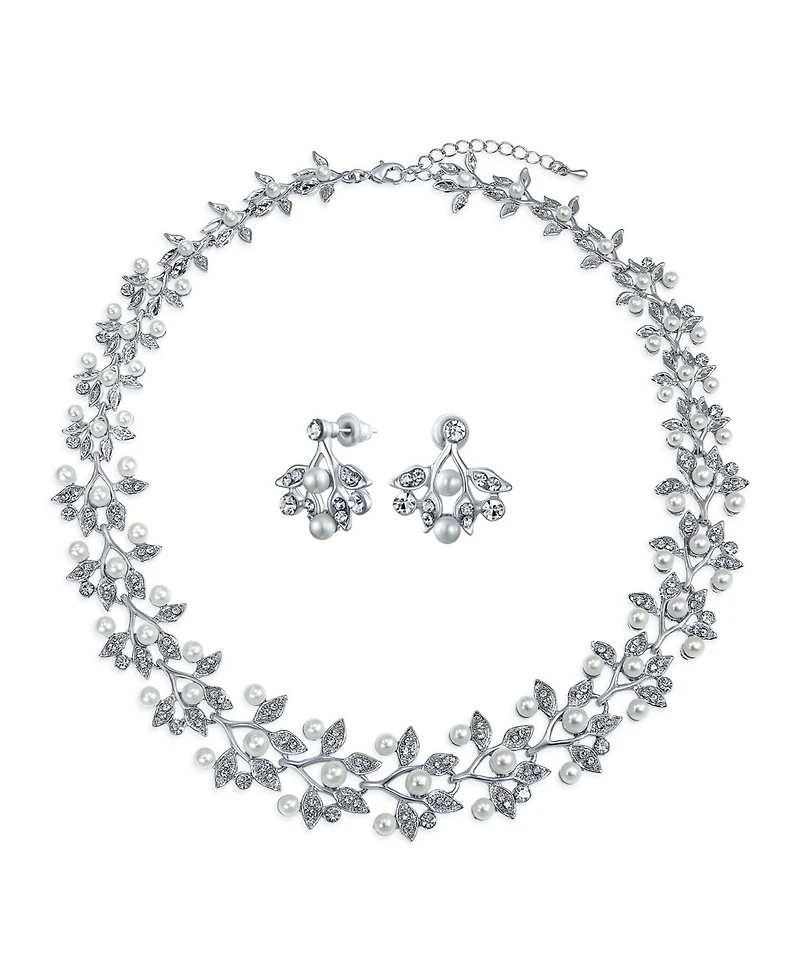 Bling Jewelry Large Fashion Leaves Leaf Motif Simulated White Pearl Cubic Zirconia Pave Cz Leaf Bib Statement Necklace Jewelry Set s
