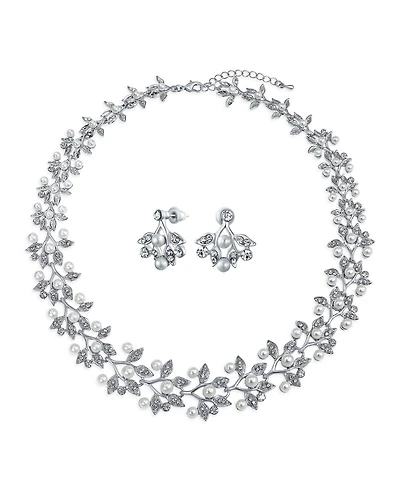 Bling Jewelry Large Fashion Leaves Leaf Motif Simulated White Pearl Cubic Zirconia Pave Cz Leaf Bib Statement Necklace Jewelry Set s