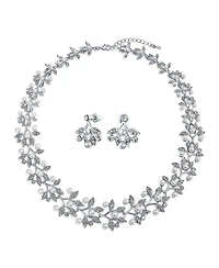 Bling Jewelry Large Fashion Leaves Leaf Motif Simulated White Pearl Cubic Zirconia Pave Cz Leaf Bib Statement Necklace Jewelry Set s