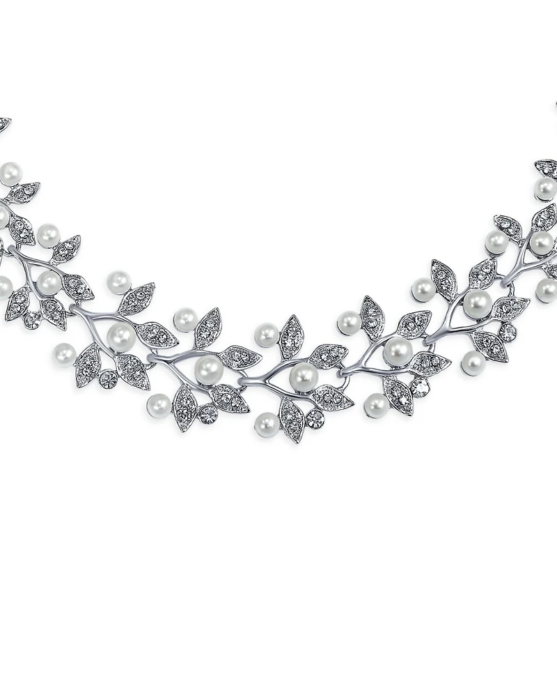 Bling Jewelry Large Fashion Leaves Leaf Motif Simulated White Pearl Cubic Zirconia Pave Cz Leaf Bib Statement Necklace Jewelry Set s