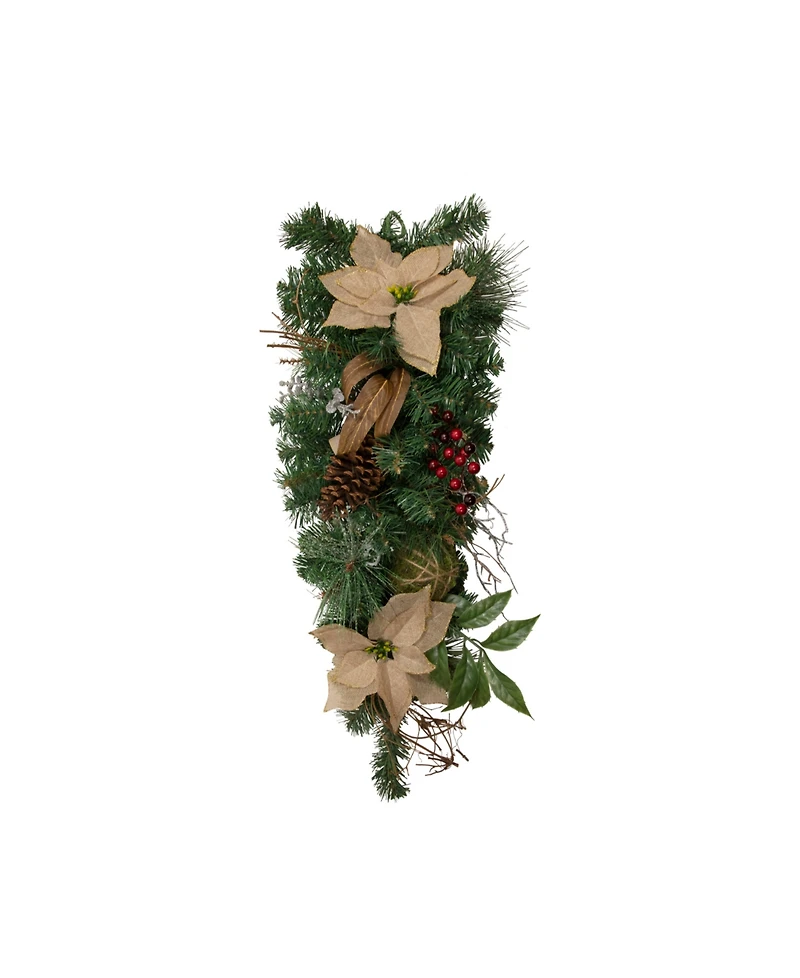 28" Mixed Pine Berry and Poinsettia Artificial Christmas Teardrop Swag - Unlit