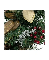 28" Mixed Pine Berry and Poinsettia Artificial Christmas Teardrop Swag - Unlit