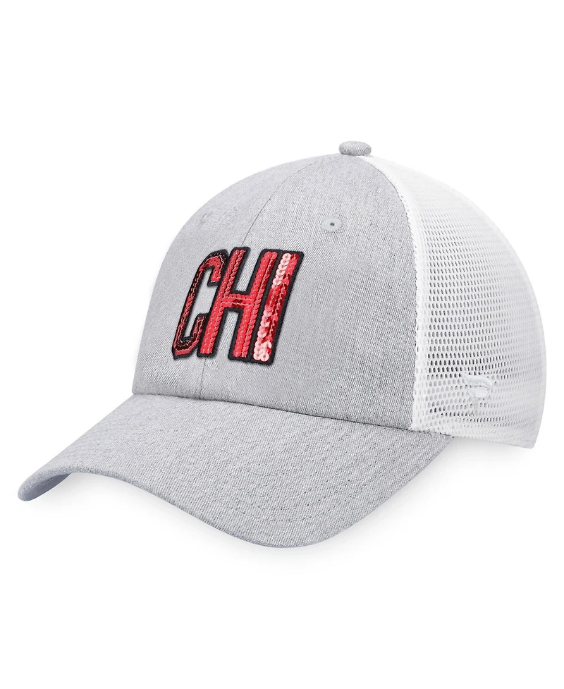 Women's Fanatics Heather Gray, White Chicago Blackhawks Iconic Glimmer Trucker Snapback Hat