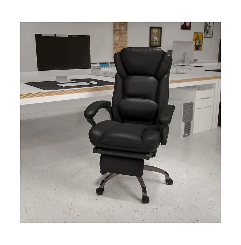 Emma+Oliver High Back Leather Executive Reclining Swivel Office Chair With Outer Lumbar Cushion And Arms