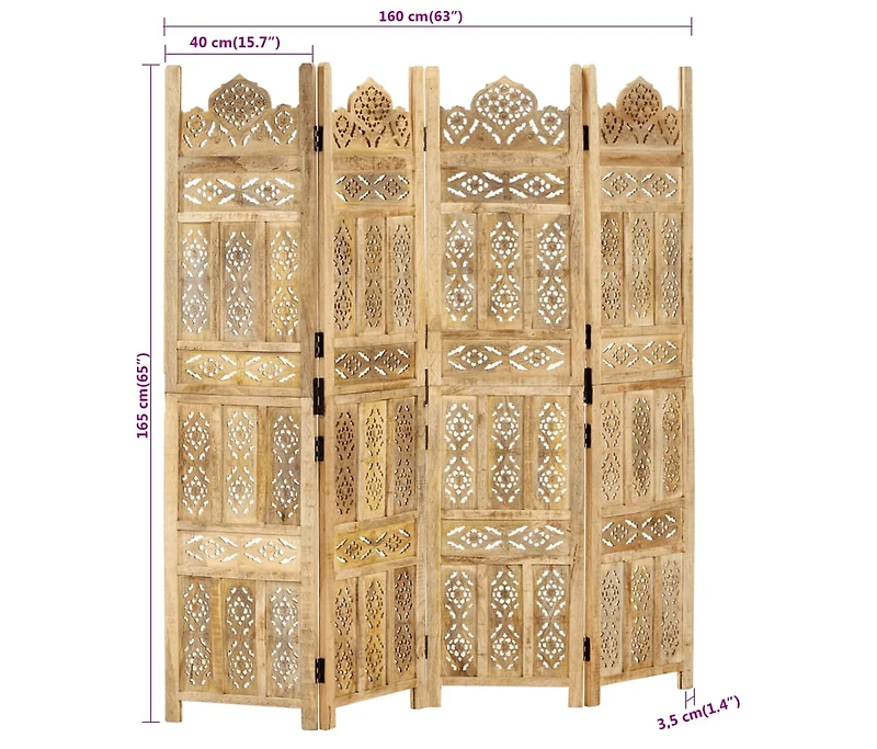 vidaXL Hand carved 4-Panel Room Divider 63"x65" Solid Mango Wood