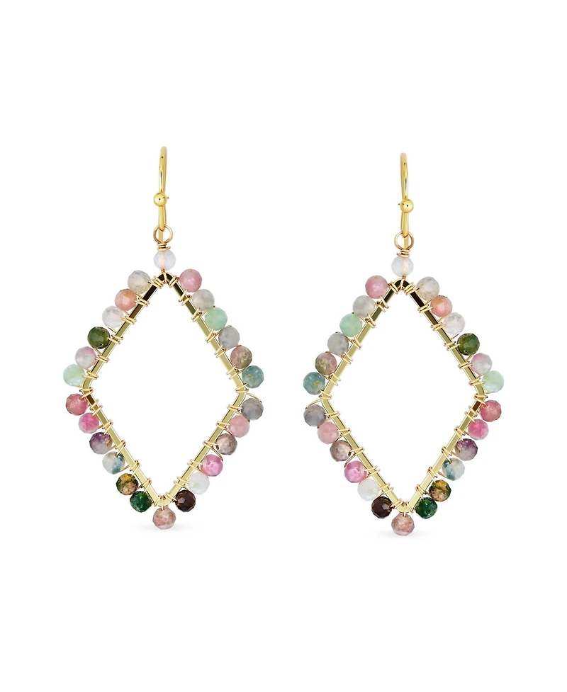 Bling Jewelry Geometric Wire Wrap Cluster Linear Fish Hook Multi Color Natural Fluorite Long Lightweight Rhombus Shape Dangle Earrings Gold Plated