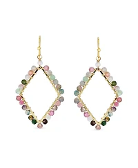 Bling Jewelry Geometric Wire Wrap Cluster Linear Fish Hook Multi Color Natural Fluorite Long Lightweight Rhombus Shape Dangle Earrings Gold Plated