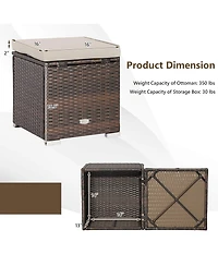 2PCS Patio Rattan Ottomans Seat Side Table Storage Box Footstool with Cushion