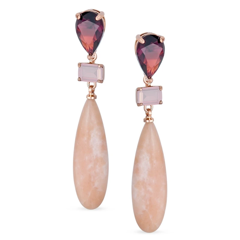 Bling Jewelry Linear Multi Color Black Onyx Blue Natural Turquoise Navy Sodalite Rose Quartz Chandelier Elongated Long Teardrop Dangling Earrings