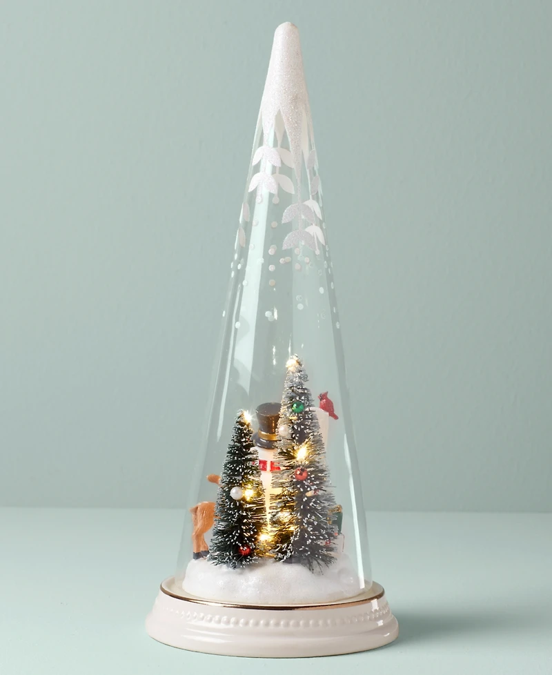 Lenox Lighted Christmas Cone With North Pole Snowman Scene Figurine