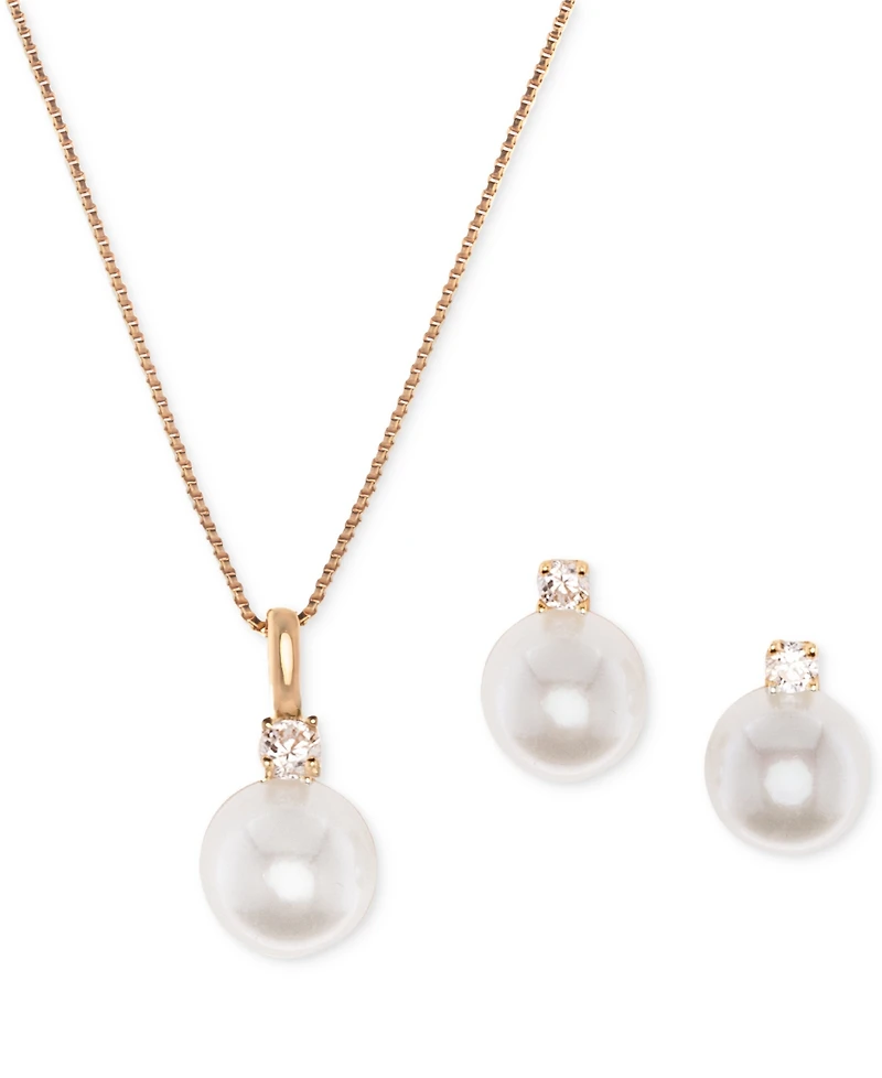 2-Pc. Set Cultured Freshwater Pearl (7-1/2 & 8-1/2mm) Cubic Zirconia Pendant Necklace Matching Stud Earrings Sterling Silver