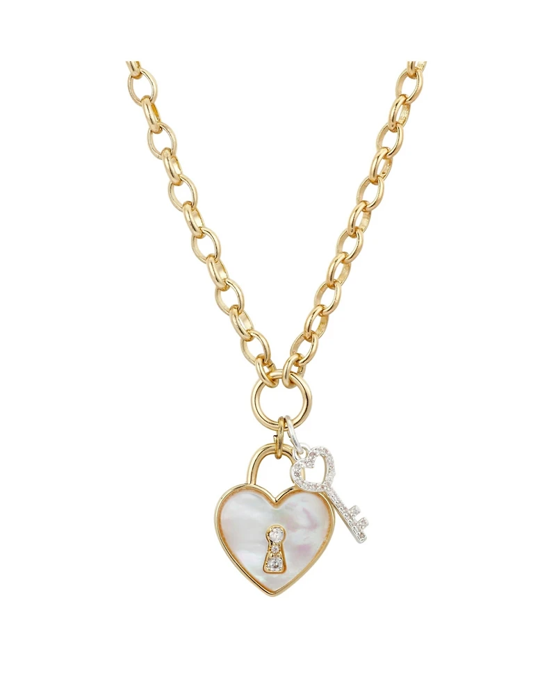 Unwritten Cubic Zirconia Key and Genuine Mother of Pearl Inlay Stone Heart Necklace