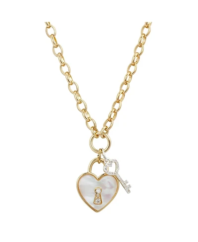 Unwritten Cubic Zirconia Key and Genuine Mother of Pearl Inlay Stone Heart Necklace