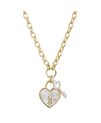 Unwritten Cubic Zirconia Key and Genuine Mother of Pearl Inlay Stone Heart Necklace
