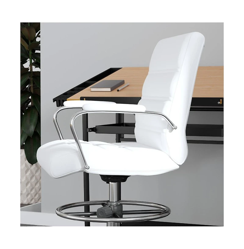Merrick Lane Tevia Mid-Back Drafting Chair With Adjustable Foot Ring Upholstered Swivel Chair With Chrome Base
