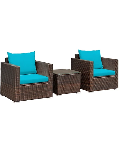 3PCS Patio Rattan Furniture Set Conversation Sofa Cushioned