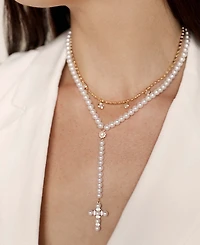 Ettika Imitation Pearl Cross Drop Lariat 18K Gold Plated Necklace Set, 2 Pieces